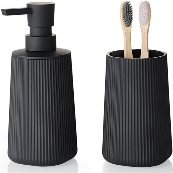 Black Bathroom Soap Dispenser Toothbrush Holder Set Countertop Organizer - Picture 1 of 7